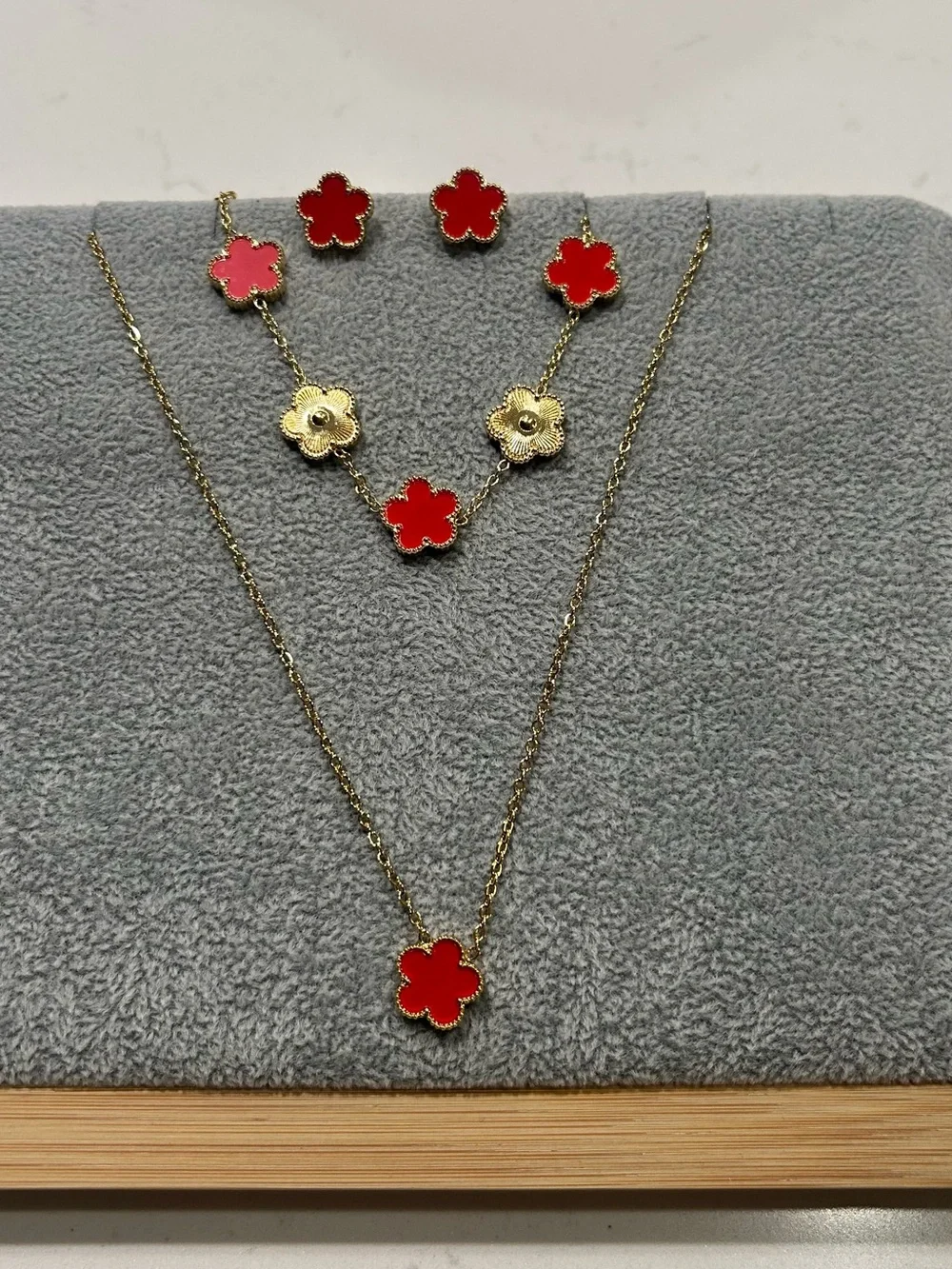 Stainless Steel Red & Gold Flower Pendant Necklace, Bracelet, Earrings Set